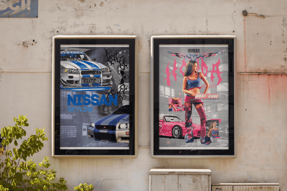 Posters pasted on street wall mockup